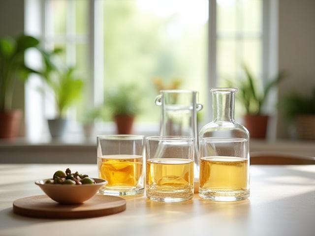 현대적인 주방에 놓인 유리 식기