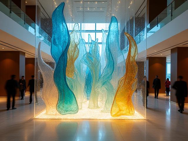 건축물에 설치된 추상적인 유리 예술 작품
