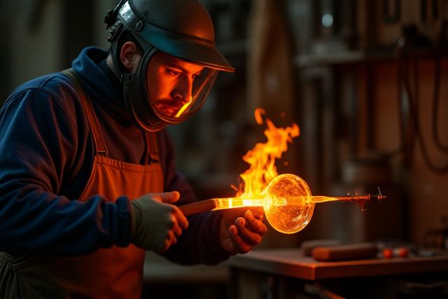 전문가가 유리 봉을 사용하여 멜팅된 유리를 섬세하게 형성하는 모습